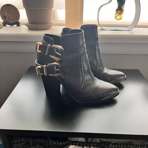 Gianni Bini Black Ankle Boots with Gold Buckles